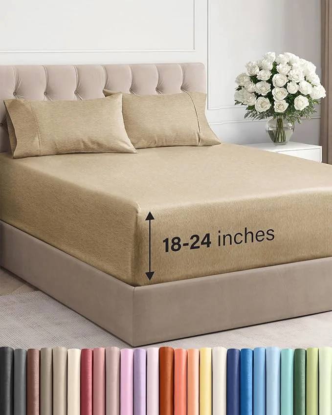 Safe Extra Deep Twin XL Sheet Set – 4 Piece Breathable and Cooling Sheets – Hotel Luxury Bedding for Women Men Kids amp Teens – Easy Secure Fit – Soft amp Wrinkle – Extra Deep Pockets – Heathered Tan First-Class