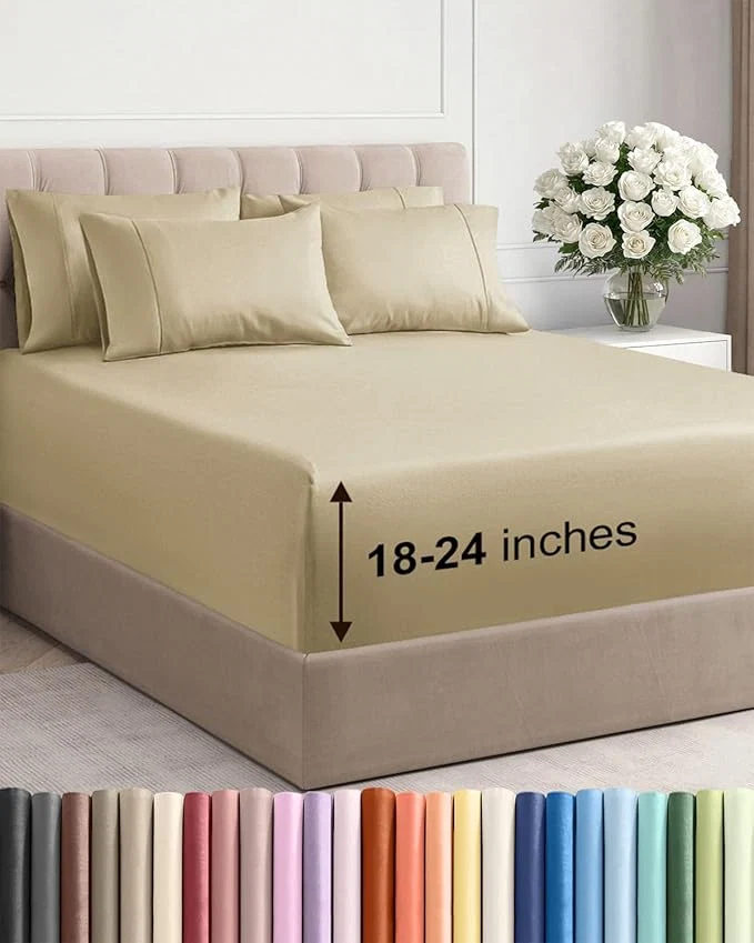 Safe Extra Deep Queen Sheet Set – 6 Piece Breathable and Cooling Sheets – Hotel Luxury Bedding for Women Men Kids amp Teens – Easy amp Secure Fit – Soft Wrinkle and Comfy – Extra Deep Pockets – Beige Pure