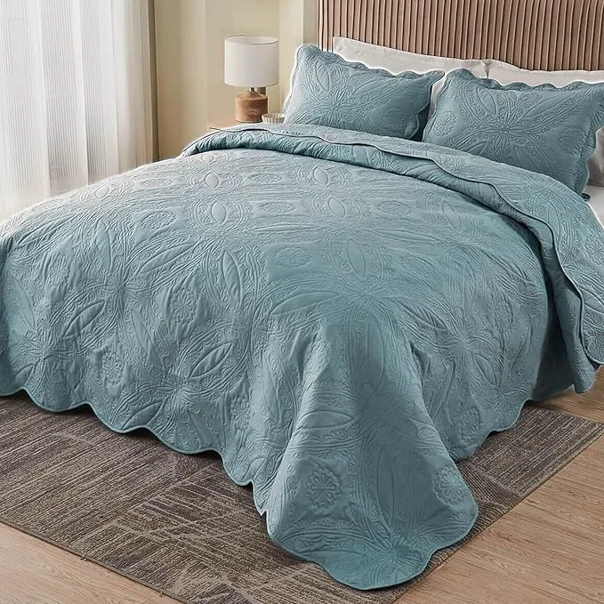 Next-Generation Kingnex Extra Wide Oversized King Bedspreads 128×120 for Tall King or Cal King Bed Ultrasonic Quilted Coverlet Set 3 Piece Include 1 Quilt 2 Pillowcases Blue Detailed