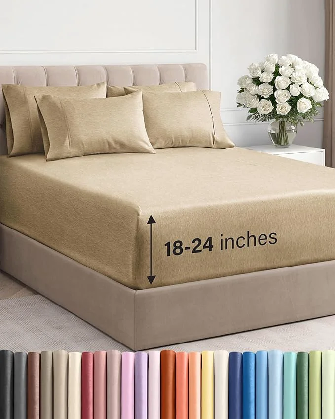 Eco-Friendly Extra Deep Queen Sheet Set – 6 Piece Breathable and Cooling Sheets – Hotel Luxury Bedding for Women Men Kids amp Teens – Easy amp Secure Fit – Soft and Wrinkle – Extra Deep Pockets – Heathered Tan First-Class