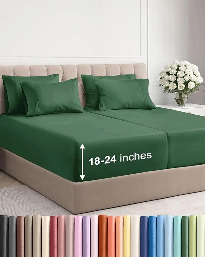 Fine Extra Deep Split King Sheet Set – 7 Piece Breathable and Cooling Sheets – Hotel Luxury Bedding for Women Men Kids amp Teens – Easy Secure Fit – Soft amp Wrinkle – Extra Deep Pockets – Emerald Green Casual