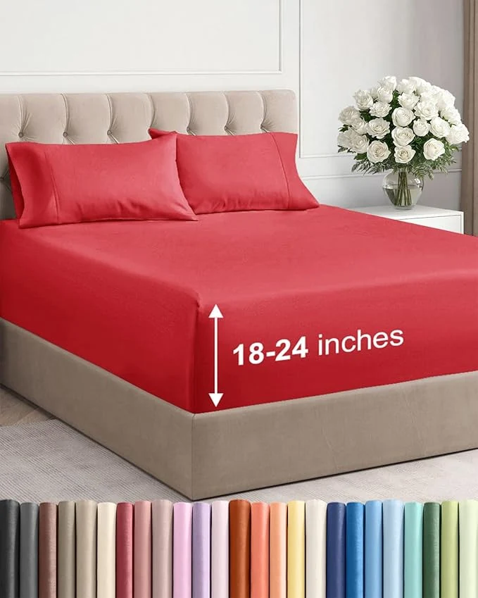 Expertly Made Extra Deep Twin Sheet Set – 4 Piece Breathable and Cooling Sheets – Hotel Luxury Bedding for Women Men Kids amp Teens – Easy amp Secure Fit – Soft Wrinkle and Comfy with Extra Deep Pockets – Red High-Quality