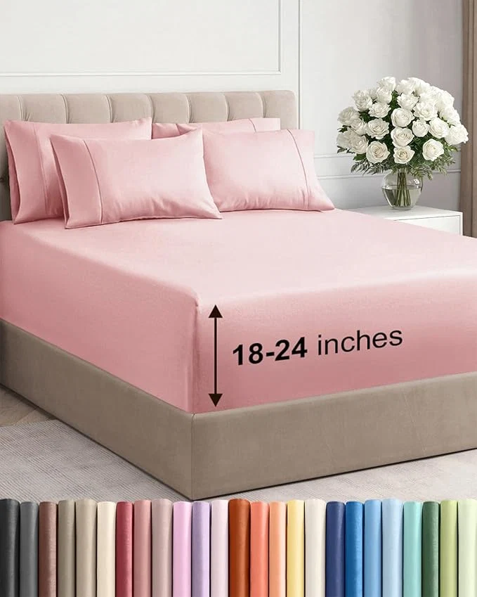 Certified Extra Deep Queen Sheet Set – 6 Piece Breathable and Cooling Sheets – Hotel Luxury Bedding for Women Men Kids amp Teens – Easy amp Secure Fit – Soft Wrinkle amp Comfy – Extra Deep Pockets – Baby Pink Minimalist