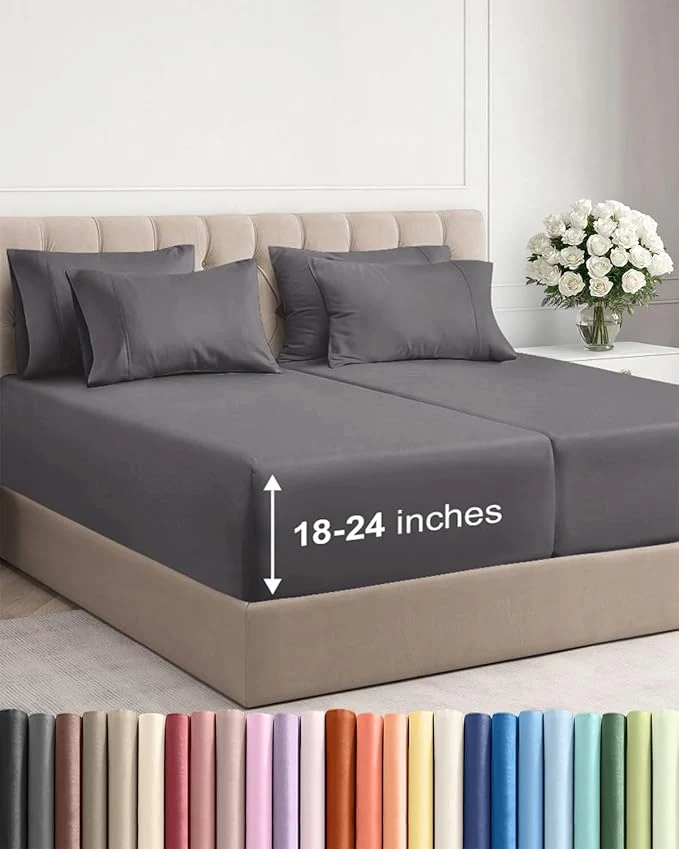 Official Extra Deep Split King Sheet Set – 7 Piece Breathable and Cooling Sheets – Hotel Luxury Bedding for Women Men Kids amp Teens – Easy Secure Fit – Soft and Wrinkle – Extra Deep Pockets – Dark Grey Green