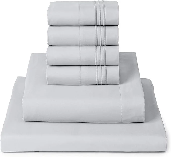 Natural Mellanni King Sheet Set – 6-Piece Iconic Collection Bedding Including 4 Pillowcases 16-Inch Deep Pocket Easy Care Extra Soft Cooling Sheets Brushed Microfiber – Light Gray Flexible