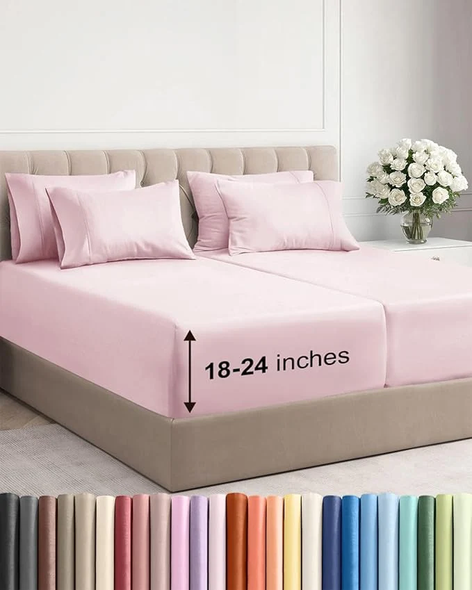Reusable Extra Deep Split King Sheet Set – 7 Piece Breathable and Cooling Sheets – Hotel Luxury Bedding for Women Men Kids amp Teens – Easy Secure Fit – Soft amp Wrinkle – Extra Deep Pockets – Lavender Pink Convenient