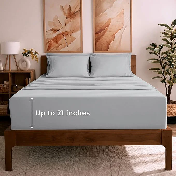 Easy-to-Use Mellanni California King Sheet Set – 6-Piece Iconic Collection Bedding Including 4 Pillowcases 21-Inch Extra Deep Pocket Easy Care Ultra Soft Cooling Sheets Brushed Microfiber – Light Gray Secure