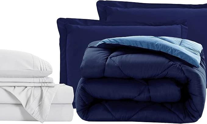 Enhanced Elegant Comfort 7-Piece Bed-in-a-Bag Comforter amp Sheet Set – Luxury 1500 Thread Count Full Size Super Cozy Wrinkle and Stain Resistant Navy Aqua Advanced