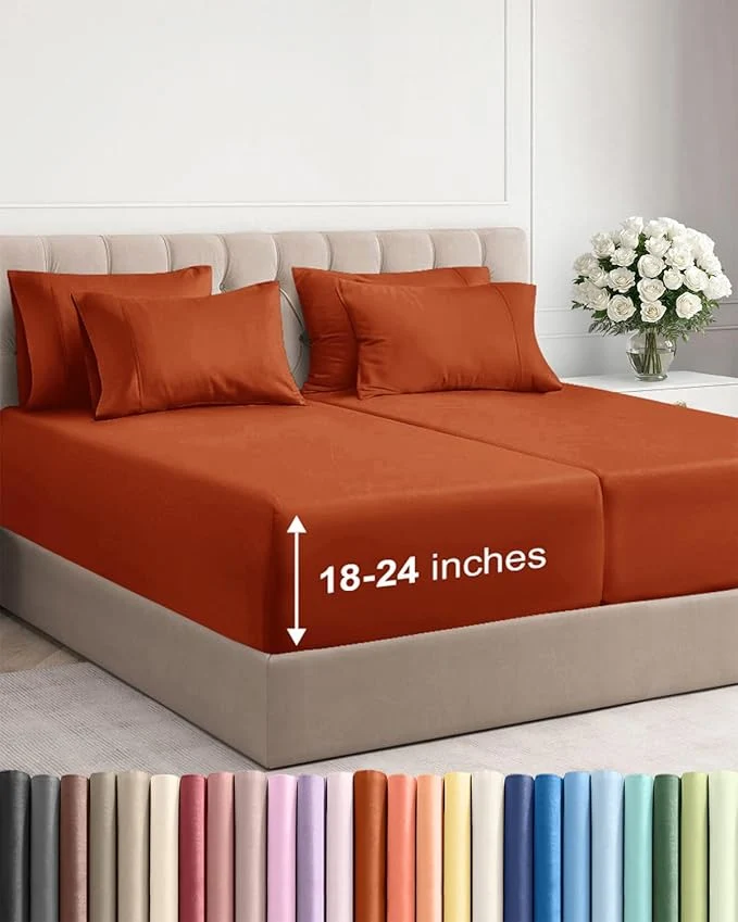 First-Class Extra Deep Split King Sheet Set – 7 Piece Breathable and Cooling Sheets – Hotel Luxury Bedding for Women Men Kids amp Teens – Easy Secure Fit – Soft amp Wrinkle – Extra Deep Pockets – Terracotta Selected