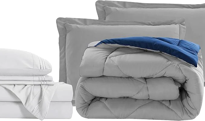 High-Performance Elegant Comfort 7-Piece Twin XL Size Bed-in-a-Bag – Luxury 1500 Thread Count Comforter amp Sheet Set Cozy Bed Sheets and Comforter Set Wrinkle and Stain Resistant Silver Navy Enhanced