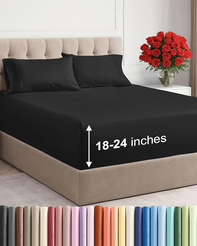 Environmentally Friendly Extra Deep Twin XL Sheet Set – 4 Piece Breathable and Cooling Sheets – Hotel Luxury Bedding for Women Men Kids amp Teens – Easy amp Secure Fit – Soft Wrinkle and Comfy – Extra Deep Pockets – Black Certified