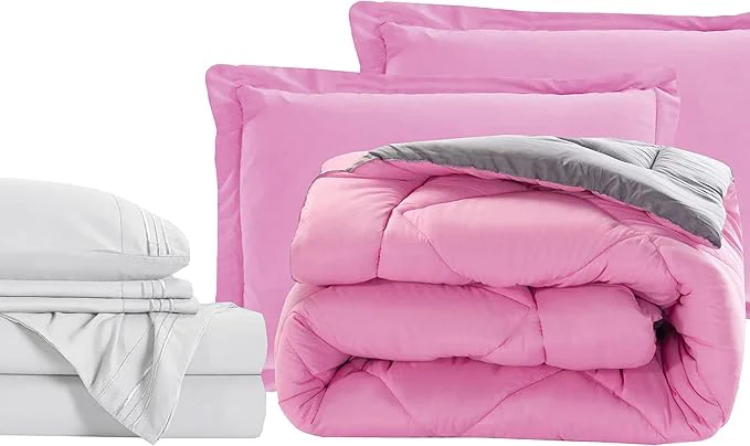 Elegant Comfort 7-Piece Bed-in-a-Bag Comforter amp Sheet Set – Luxury 1500 Thread Count RV SHORT Size Super Cozy Wrinkle and Stain Resistant – Pink Gray Original Design