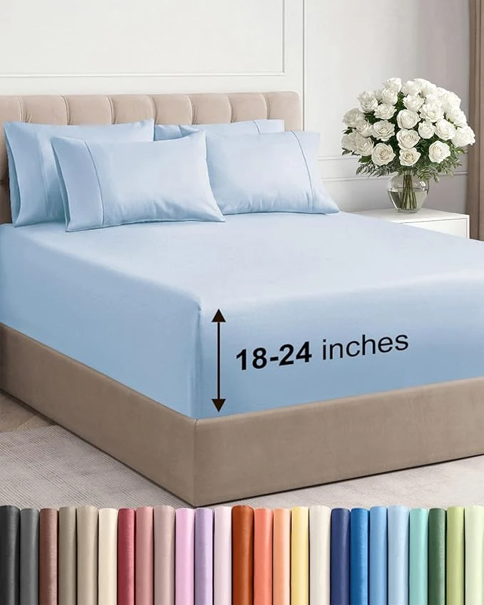 Extra Deep Queen Sheet Set – 6 Piece Breathable and Cooling Sheets – Hotel Luxury Bedding for Women Men Kids amp Teens – Easy Secure Fit – Soft Wrinkle and Comfy – Extra Deep Pockets – Sky Blue Effective