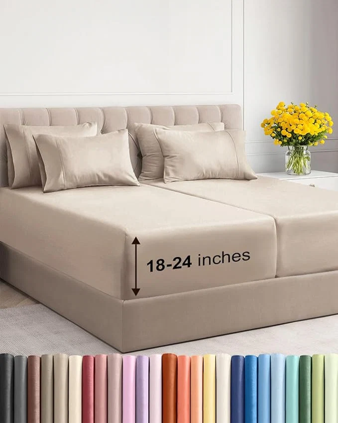 Relaxed Extra Deep Split King Sheet Set – 7 Piece Breathable and Cooling Sheets – Hotel Luxury Bedding for Women Men Kids amp Teens – Easy Secure Fit – Soft Wrinkle amp Comfy – Extra Deep Pockets – Wheat Premium Material