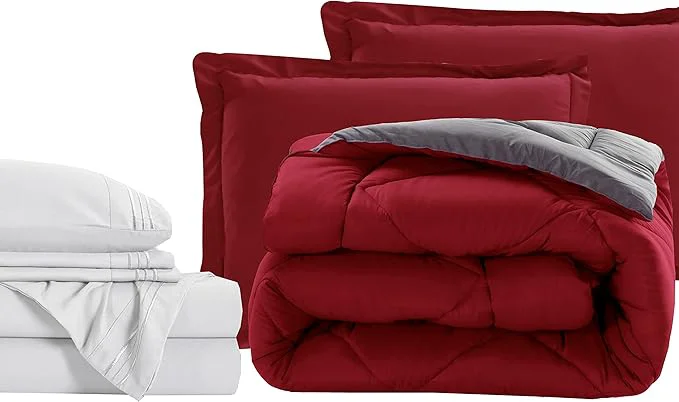 Elegant Comfort 7-Piece Bed-in-a-Bag Comforter amp Sheet Set- Luxury 1500 Thread Count 7-Piece Full Size Bed-in-a-Bag Super Cozy Bed Sheets and Comforter Set Wrinkle and Stain Resistant Red Gray Elite