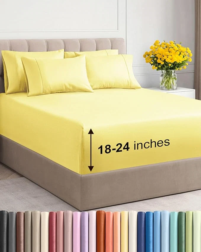 Durable Extra Deep Cal King Sheet Set – 6 Piece Breathable and Cooling Sheets – Hotel Luxury Bedding for Women Men Kids amp Teens – Easy amp Secure Fit – Soft Wrinkle amp Comfy – Extra Deep Pockets – Yellow Outstanding