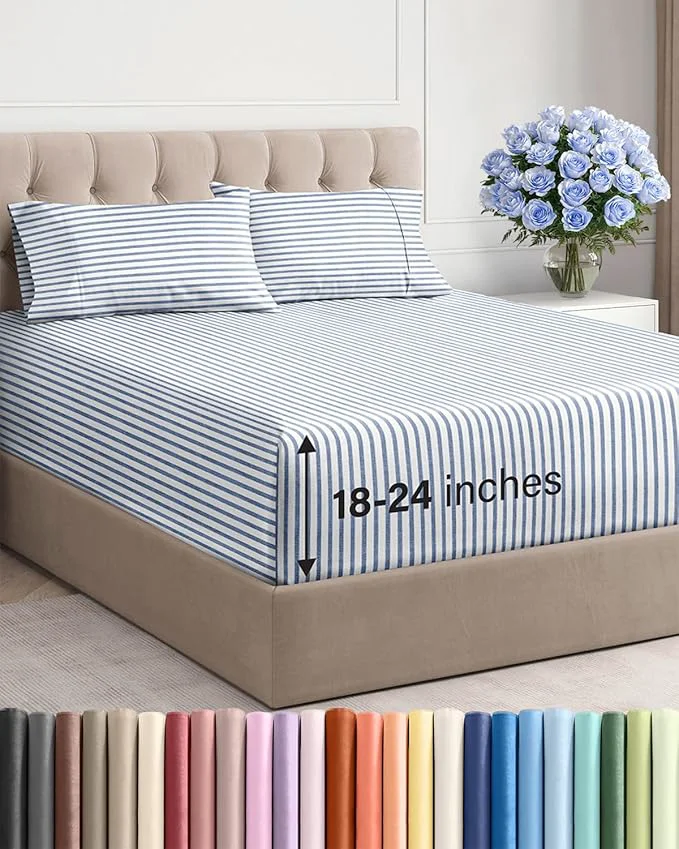 Unique Extra Deep Twin XL Sheet Set – 4 Piece Breathable and Cooling Sheets – Hotel Luxury Bedding for Women Men Kids amp Teens – Easy Secure Fit – Soft amp Wrinkle with Extra Deep Pockets – Blue Stripes Fine