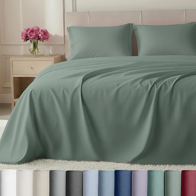 Pure California Design Den Queen Bed Sheets Set – Luxury Hotel 800 Thread Count Sateen Natural Cotton Queen Size Sheets Deep Pockets Durable Bedding Set – Sage Green Unique