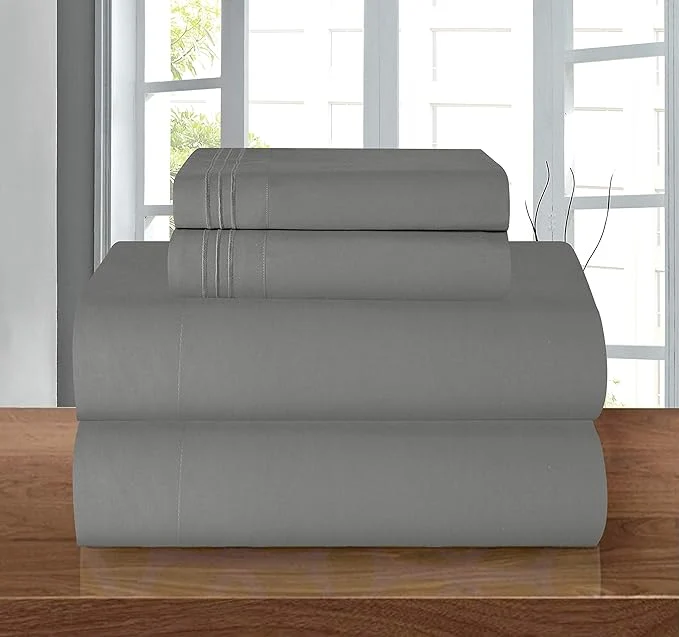 Refined Elegant Comfort Luxury 1500 Premium Hotel Quality Microfiber 4-Piece Sheet Set – Wrinkle Resistant All Around Elastic Fitted Sheet Deep Pocket up to 16 quot California King Grey Relaxed