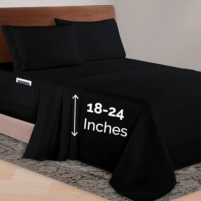 Fashionable Elegant Comfort Luxurious 1500 Premium Hotel Quality Microfiber 4-Piece Sheet Set 18-24 Inches Deep – Extra Deep Pocket Sheets – Ultra Soft 4PC Deep Pocket Sheets Full Black Refined