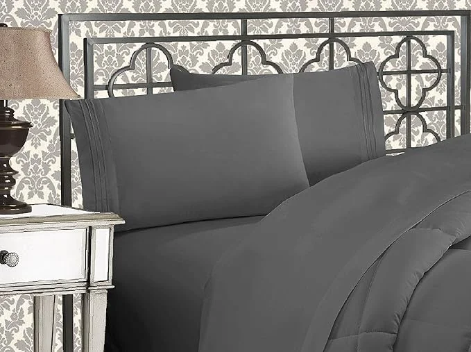 Secure Elegant Comfort Luxurious 1500 Premium Hotel Quality Microfiber Three Line Embroidered Softest 4-Piece Bed Sheet Set Wrinkle and Fade Resistant California King Gray Fine