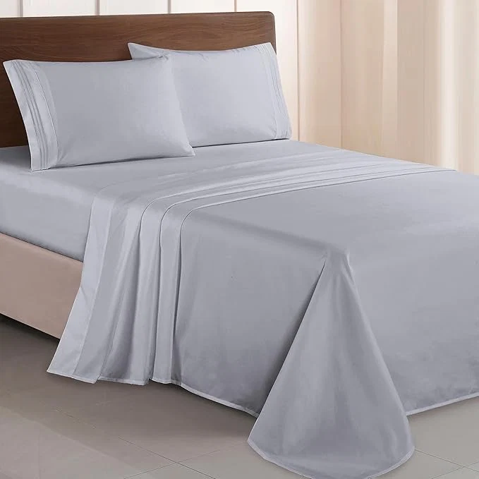 Organic Elegant Comfort Luxurious 1500 Premium Hotel Quality Microfiber Three Line Embroidered Softest 4-Piece Bed Sheet Set Wrinkle and Fade Resistant Queen Silver-Light Grey Comfortable