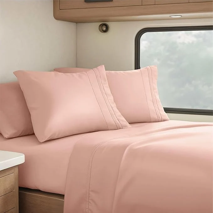 World-Class Clara Clark RV Short Queen Sheets – Hotel Luxury 6 Piece Bed Sheets for Short Queen Size Bed – Soft Bedding Sheets amp Pillowcases Fits Low Mattress up to 10 inch deep. Short Queen Peach Beige Expertly Made