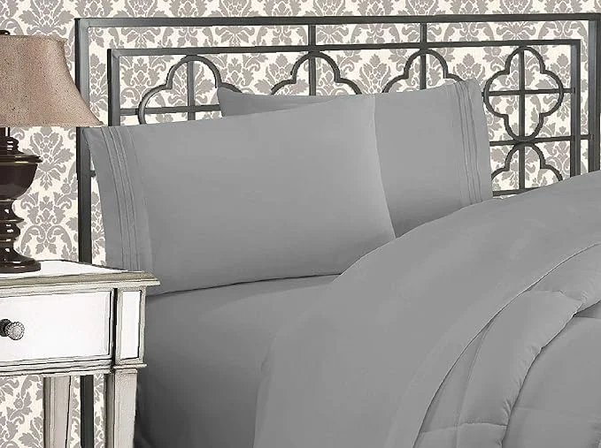 Relaxed Elegant Comfort Luxurious 1500 Premium Hotel Quality Microfiber Three Line Embroidered Softest 4-Piece Bed Sheet Set Wrinkle and Fade Resistant California King Silver-Light Grey Casual