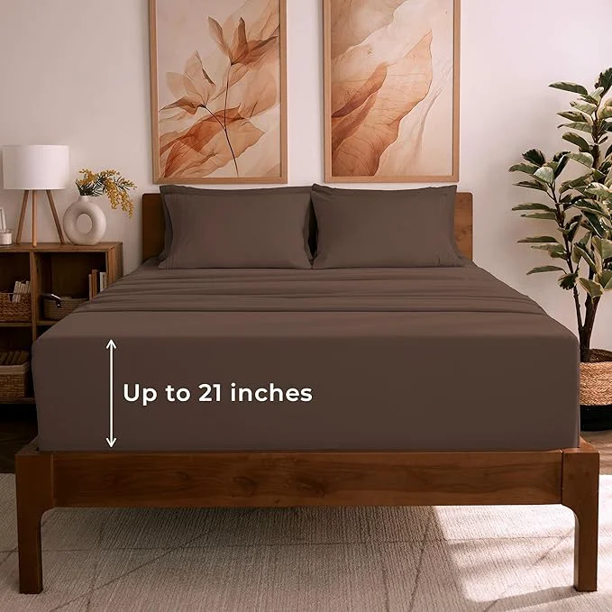 Next-Generation Mellanni Full Sheet Set – 6-Piece Iconic Collection Bedding Including 4 Pillowcases 21-Inch Extra Deep Pocket Easy Care Ultra Soft Cooling Sheets Brushed Microfiber – Brown Powerful