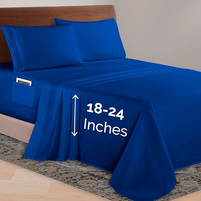 Smart Elegant Comfort Luxurious 1500 Premium Hotel Quality Microfiber 4-Piece Sheet Set 18-24 Inches Deep – Extra Deep Pocket Sheets – Ultra Soft 4PC Deep Pocket Sheets Full Royal Blue Recyclable