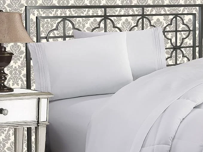 Breathable Elegant Comfort Luxurious 1500 Premium Hotel Quality Microfiber Three Line Embroidered Softest 4-Piece Bed Sheet Set Wrinkle and Fade Resistant California King White Pure