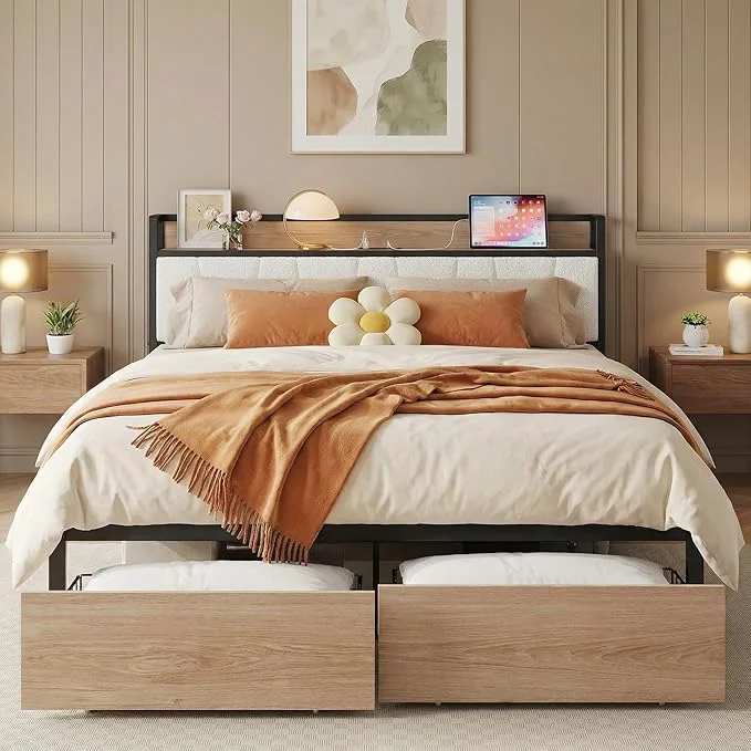 Versatile LIKIMIO Queen Size Bed Frame Storage Headboard with Charging Station Platform Bed with Drawers No Box Spring Needed Easy Assembly Wood and Cream Selected