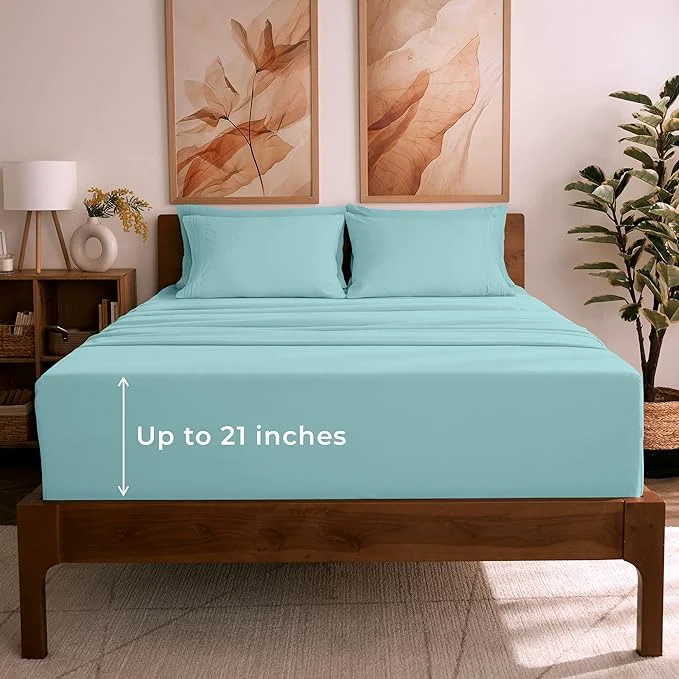 Carefully Designed Mellanni California King Sheet Set – 6-Piece Iconic Collection Bedding Including 4 Pillowcases 21-Inch Extra Deep Pocket Easy Care Ultra Soft Cooling Sheets Brushed Microfiber – Aqua Modern