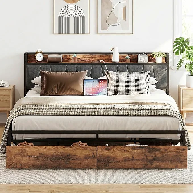 Relaxed LIKIMIO King Size Bed Frame Storage Headboard with Charging Station Platform Bed with Drawers No Box Spring Needed Easy Assembly Industrial Brown and Gray Soft
