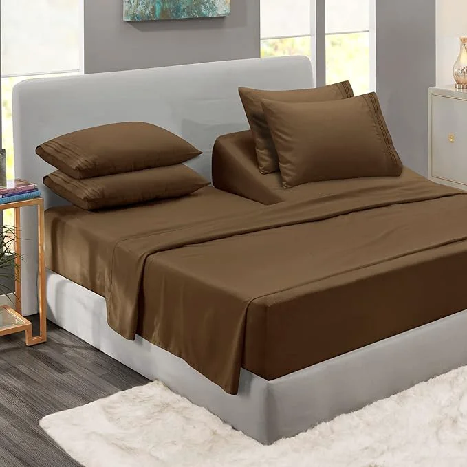 Unique Clara Clark Flex Top King Sheets 6 Piece Set – Hotel Luxury Sheets for Top Split King Bed Super Soft Bedding Set Head Split King Chocolate Brown Elegant