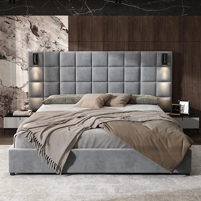 Detailed Merax California King Size Upholstered Velvet Bed Frame with Wall Sconce and USB Port Wide Headboard for Bedroom Without Bedside Tables amp Mattress Gray Reliable