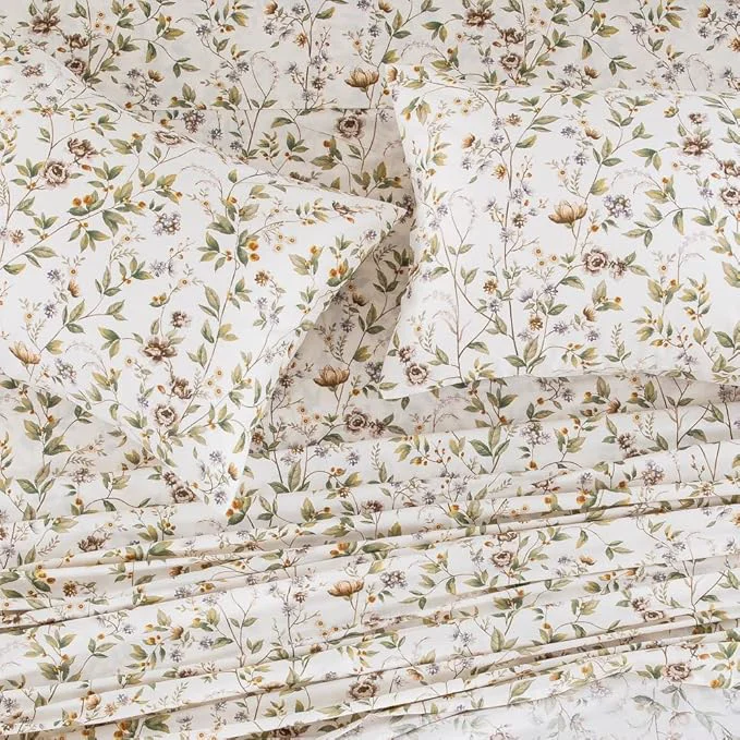 High-Grade DAUAOTO Cotton Bedding Printed Sheets Set for King Size Bed Up to 14 quot Deep Mattress Farmhouse Pattern Bedlinen Sets Botanic Green Effective