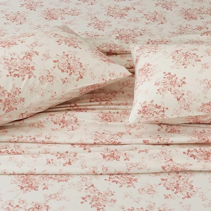 World-Class DAUAOTO Cotton Bedding Printed Sheets Set for Queen Size Bed Up to 14 quot Deep Mattress Toile Rose Floral Pattern Bedlinen Sets Pale Red Advanced