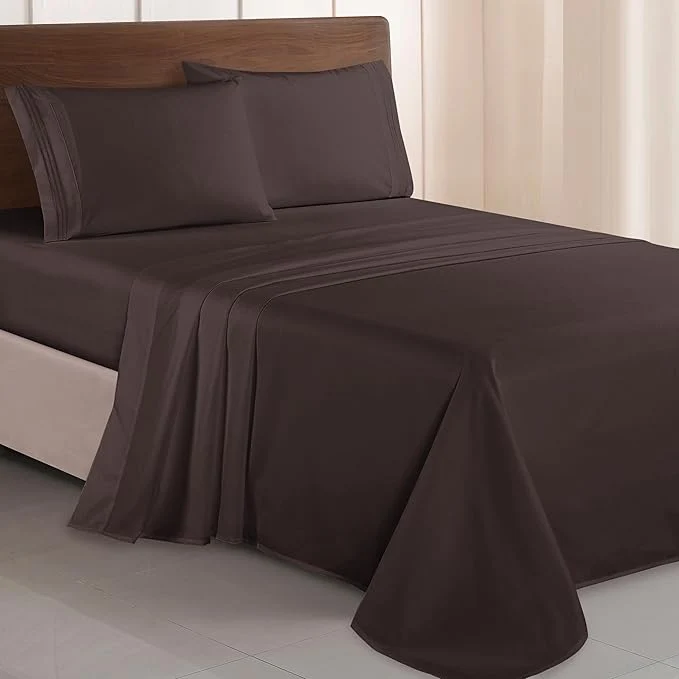 Trendy Elegant Comfort Luxurious 1500 Premium Hotel Quality Microfiber Three Line Embroidered Softest 4-Piece Bed Sheet Set Wrinkle and Fade Resistant King Chocolate Brown Casual