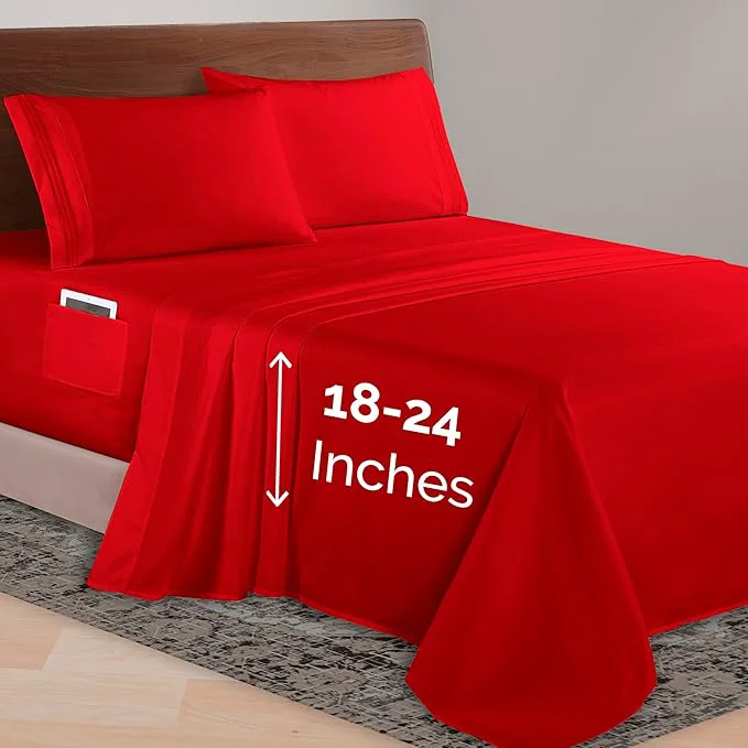 Professional Elegant Comfort Luxurious 1500 Premium Hotel Quality Microfiber 4-Piece Sheet Set 18-24 Inches Deep – Extra Deep Pocket Sheets – Ultra Soft 4PC Deep Pocket Sheets Twin Twin XL Red Long-Lasting