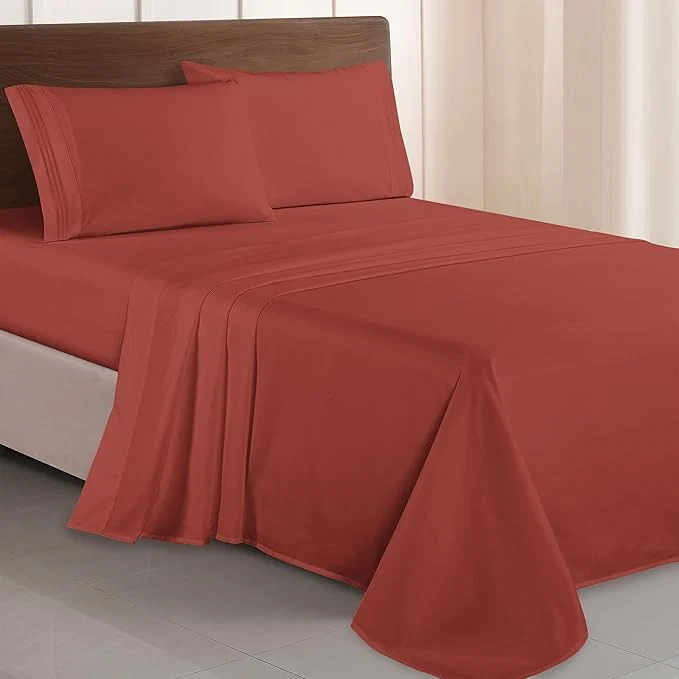 Powerful Elegant Comfort Luxurious 1500 Premium Hotel Quality Microfiber Three Line Embroidered Softest 4-Piece Bed Sheet Set Wrinkle and Fade Resistant Queen Rust Casual
