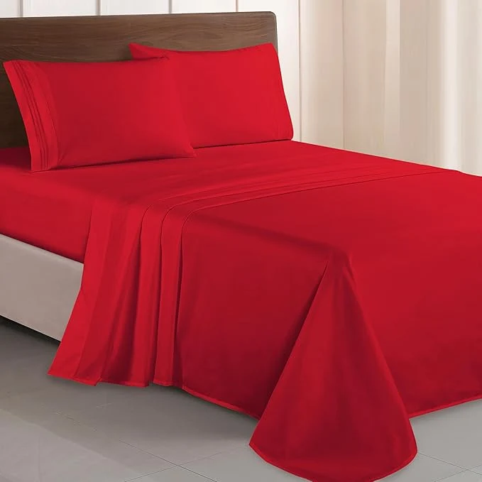 Dependable Elegant Comfort Luxurious 1500 Premium Hotel Quality Microfiber Three Line Embroidered Softest 4-Piece Bed Sheet Set Wrinkle and Fade Resistant Queen Red Reusable