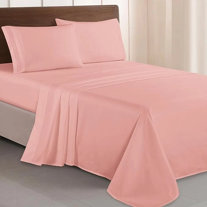 Lightweight Elegant Comfort Luxurious 1500 Premium Hotel Quality Microfiber Three Line Embroidered Softest 4-Piece Bed Sheet Set Wrinkle and Fade Resistant Queen Dusty Rose Innovative