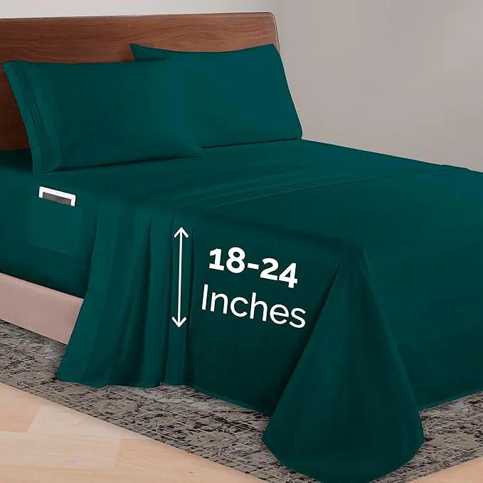 Modern Elegant Comfort Luxurious 1500 Premium Hotel Quality Microfiber 4-Piece Sheet Set 18-24 Inches Deep – Extra Deep Pocket Sheets – Ultra Soft 4PC Deep Pocket Sheets Queen Marine Teal Lightweight