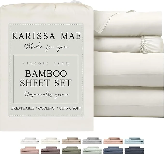 Eco-Friendly KARISSA MAE Cooling Bamboo Viscose Split King Sheet Set FSC 18 Deep Pocket Silky Soft amp Hypoallergenic with Organizer Band amp Elastic Corner Straps Ivory Fine