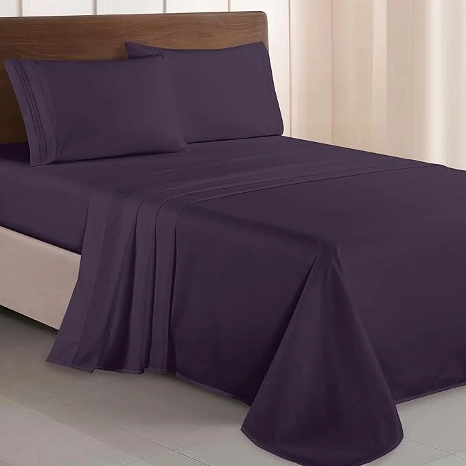 Healthy Elegant Comfort Luxurious 1500 Premium Hotel Quality Microfiber Three Line Embroidered Softest 4-Piece Bed Sheet Set Wrinkle and Fade Resistant Twin Twin XL Eggplant-Purple Elite