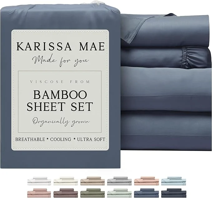 Versatile KARISSA MAE Cooling Bamboo Viscose Queen Sheet Set FSC 18 Deep Pocket Silky Soft amp Hypoallergenic with Organizer Band amp Elastic Corner Straps Slate Blue Natural