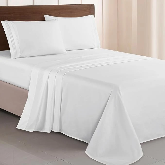 High-Quality Elegant Comfort Luxurious 1500 Premium Hotel Quality Microfiber Three Line Embroidered Softest 4-Piece Bed Sheet Set Wrinkle and Fade Resistant Twin Twin XL White Detailed