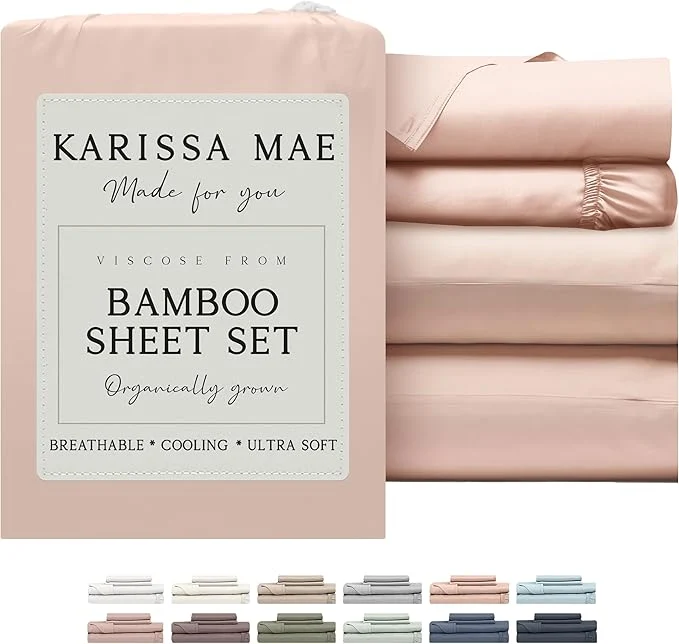 Stylish KARISSA MAE Cooling Bamboo Viscose King Size Sheet Set FSC 18 Deep Pocket Silky Soft amp Hypoallergenic with Organizer Band amp Elastic Corner Straps Pink Peony Detailed