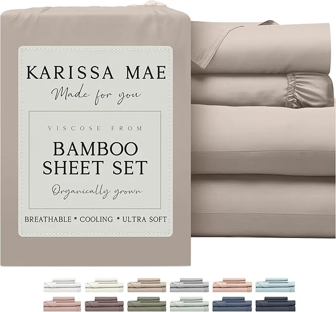 Natural KARISSA MAE Cooling Bamboo Viscose Cal King Sheet Set FSC 18 Deep Pocket Silky Soft amp Hypoallergenic with Organizer Band amp Elastic Corner Straps Dune Long-Lasting